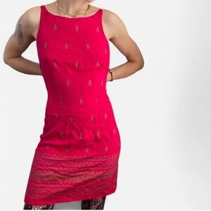 Vintage 90s Hot Pink & Metallic Gold Bohemian Mini Dress High Neckline